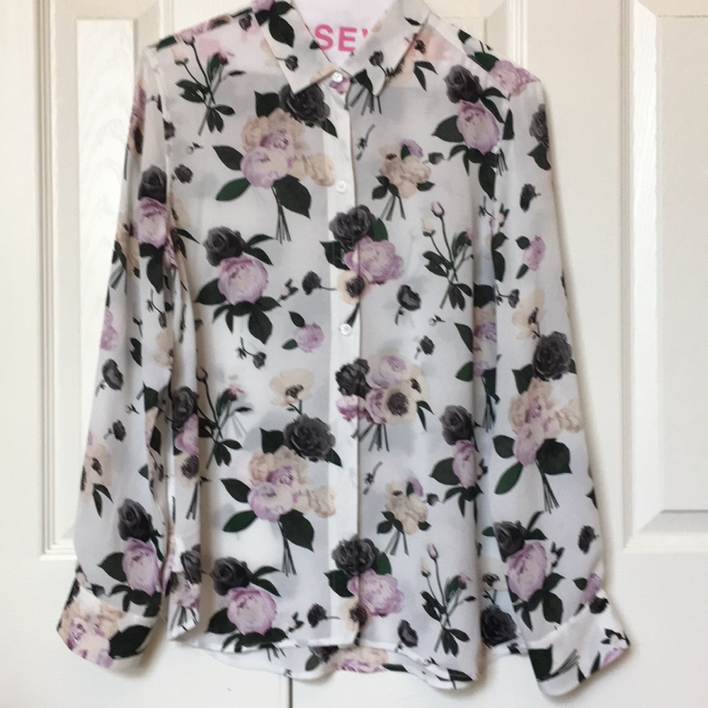 EQUIPMENT WHITE FLORAL BUTTON DOWN SILK BLOUSE